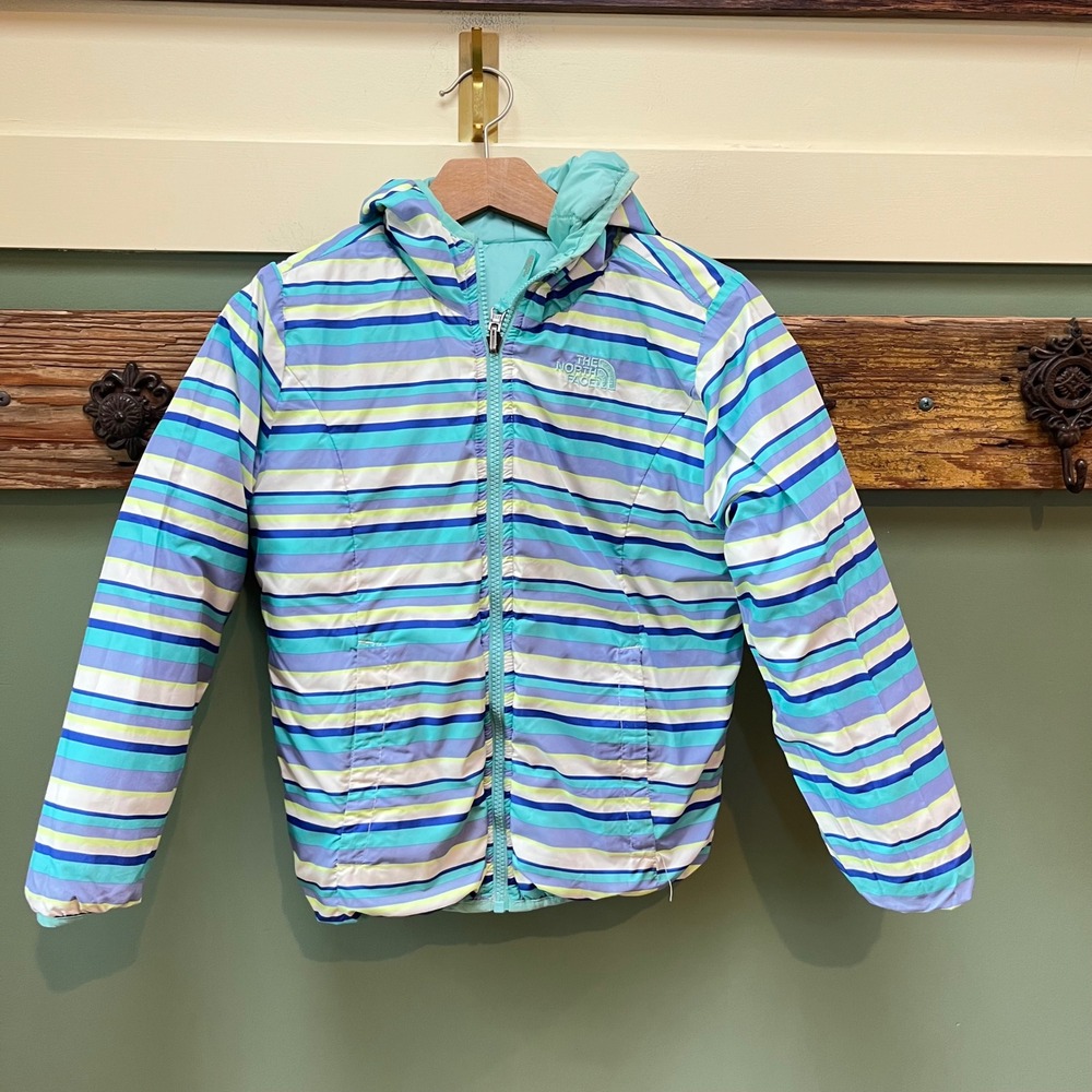 The North Face Kids Girls Small 7/8 Reversible Hooded Puffer Jacket Turquoise